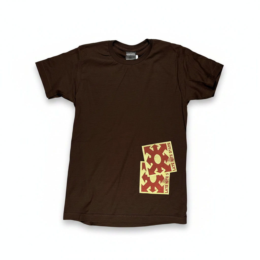 Brown t-shirt with red graphic on a white surface
