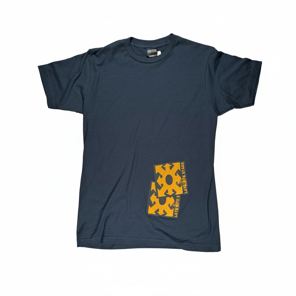 Blue t-shirt with a yellow graphic on a white surface