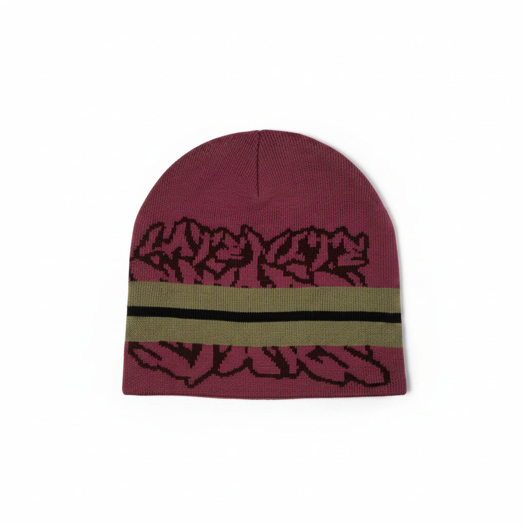 Maroon beanie with black and beige design on a white  background