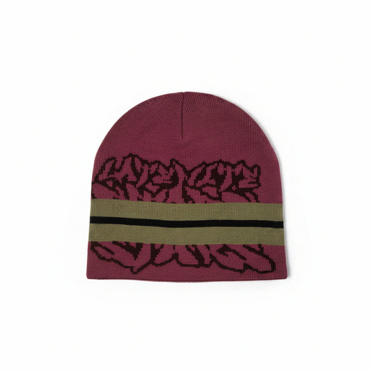 Maroon beanie with black and beige design on a white  background