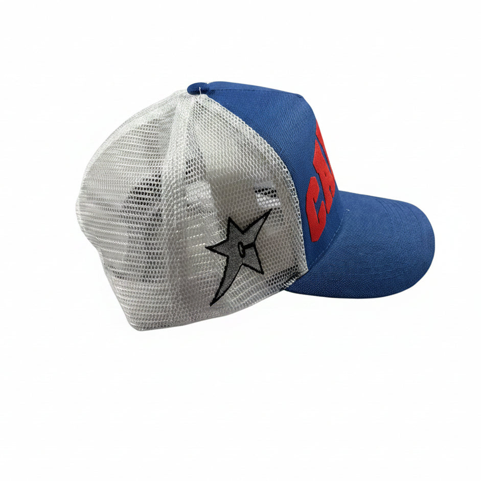 Blue and white cap with a star design on a white surface