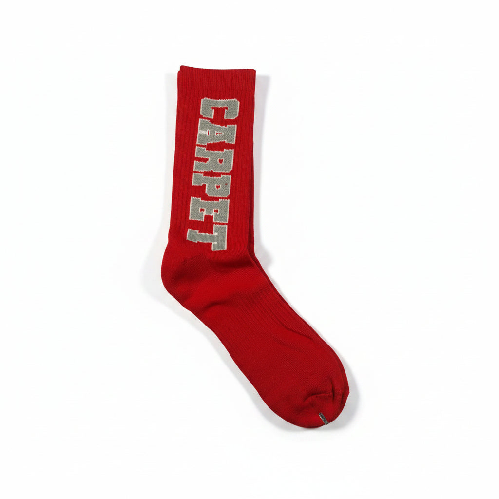 Red sock with white and grey CARPET  text on a white background