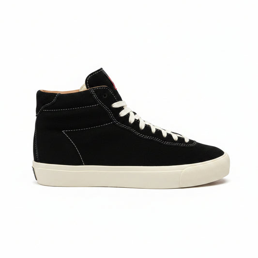 Black high-top sneaker with white laces on a white background