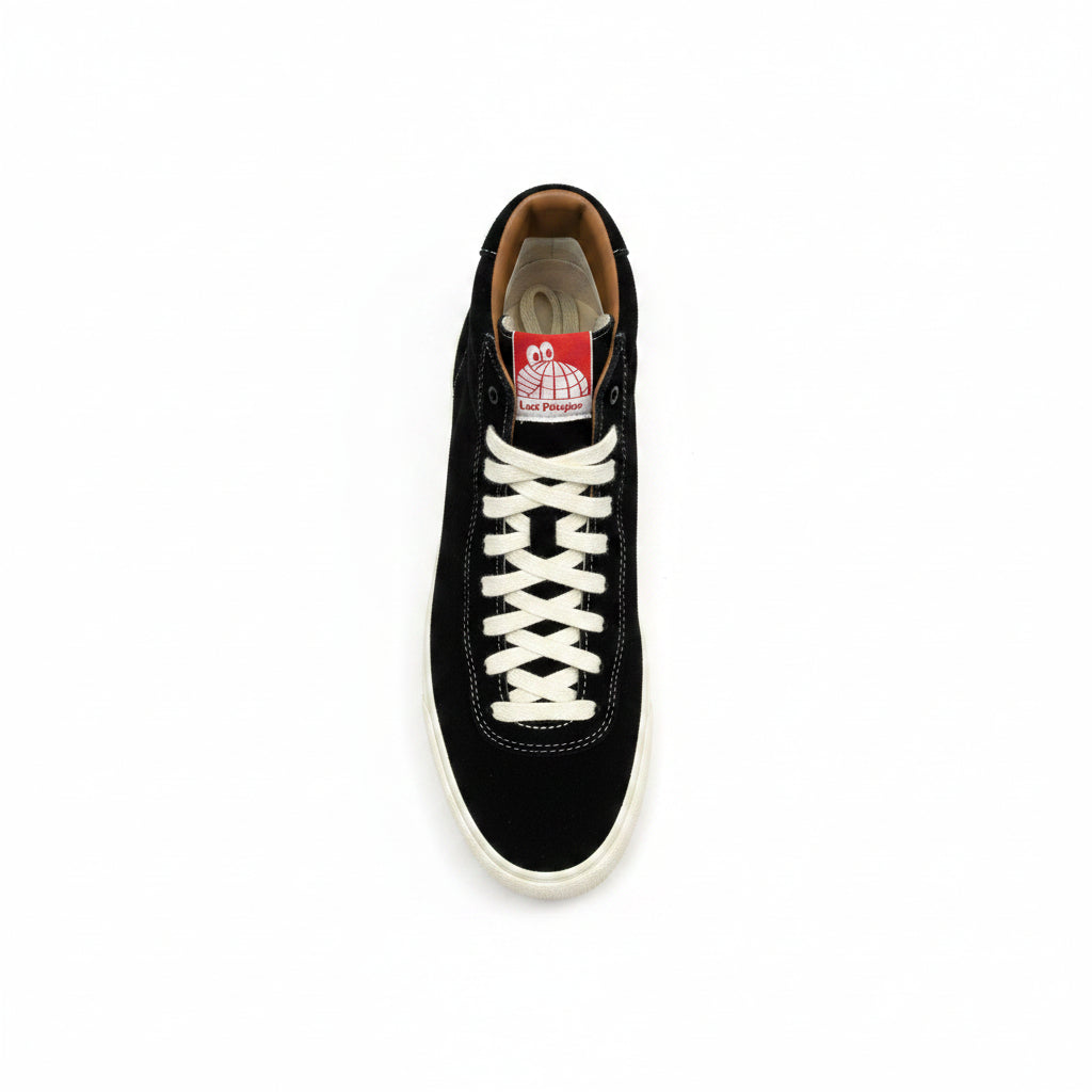 Black sneaker with white laces on a white background