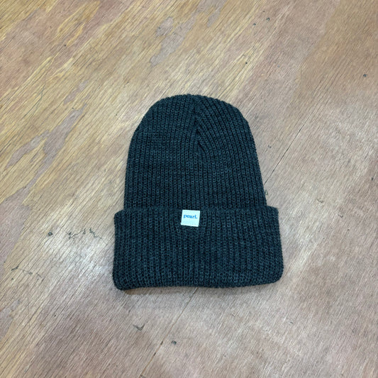 view of black knit beanie 