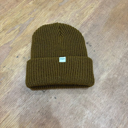 top down view of brown colored knit beanie 