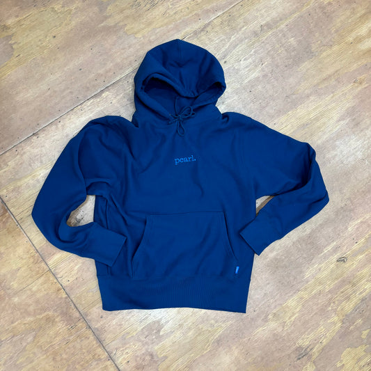 view of blue hoodie with center chest PEARL logo embroidery