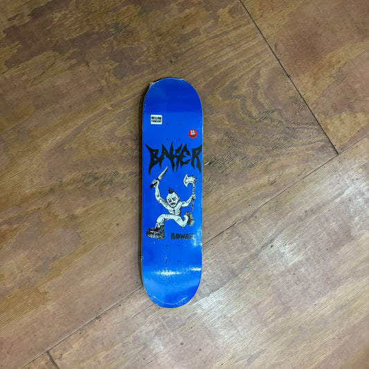 hand drawn logo of kid with mohawk, axe and knife on blue skateboard deck