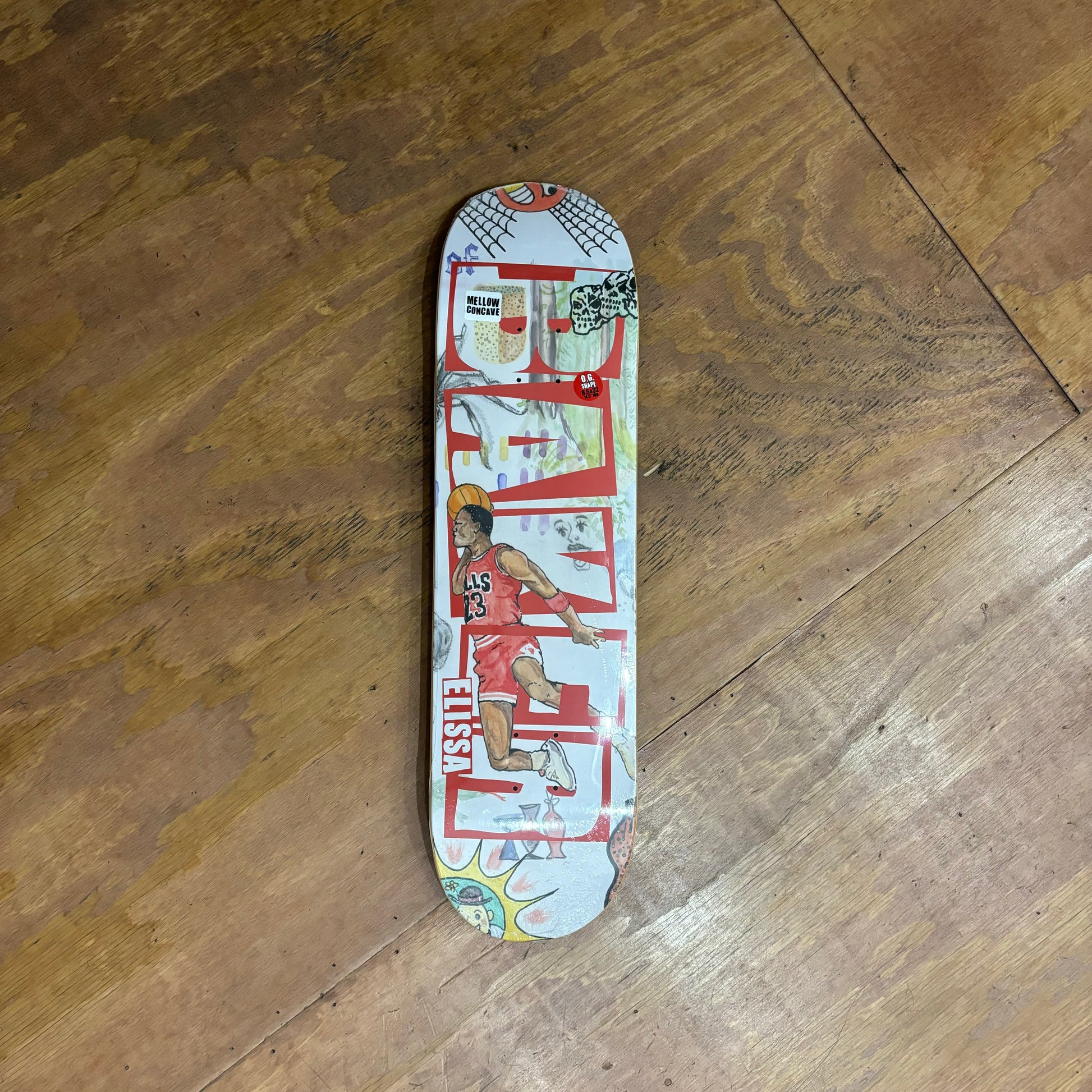 collage graphic on the bottom of skate deck with BAKER written on it