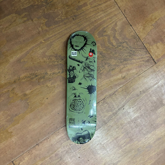 hand drawn logo of odd critters on skateboard deck