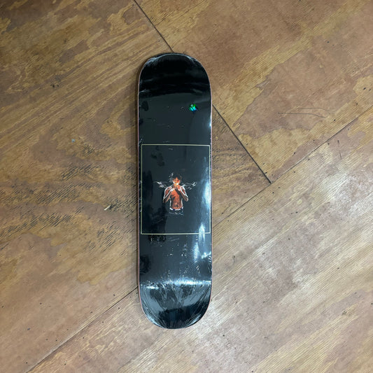 black deck with photo of kader in middle of skateboard deck