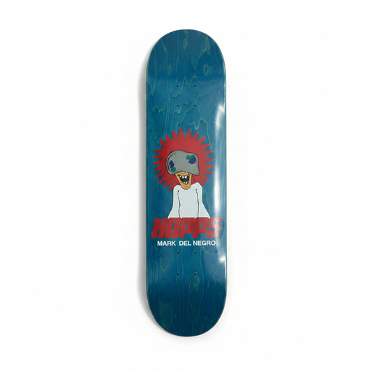 Skateboard deck with a graphic design on a white surface