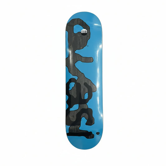 Blue skateboard deck with black graphics on a white surface