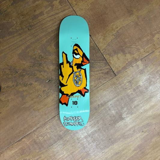 Duck flipping off people on the bottom of skateboard deck