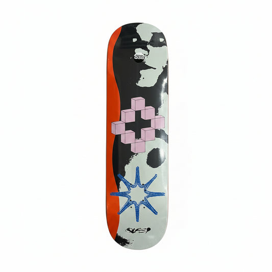 Skateboard deck with pixelated design on a white surface