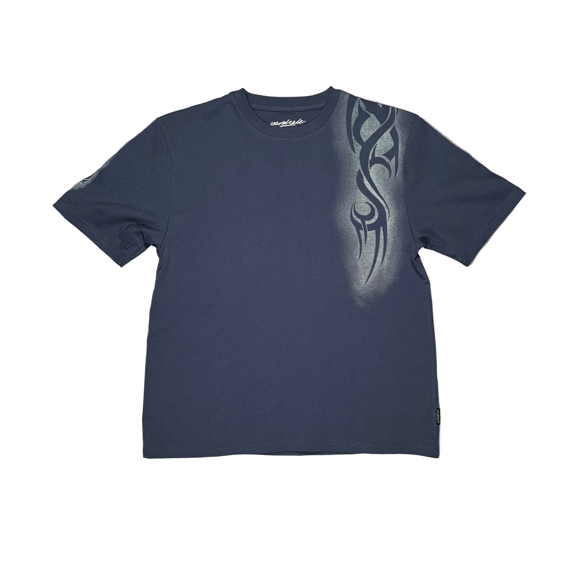 Navy blue t-shirt with tribal design on a white surface