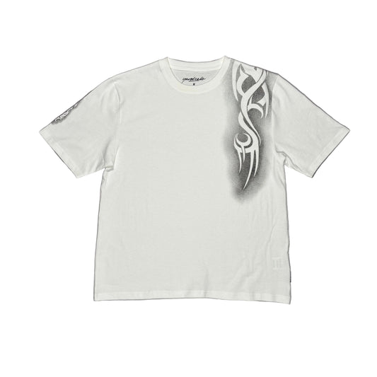 White t-shirt with a tribal design on a white surface