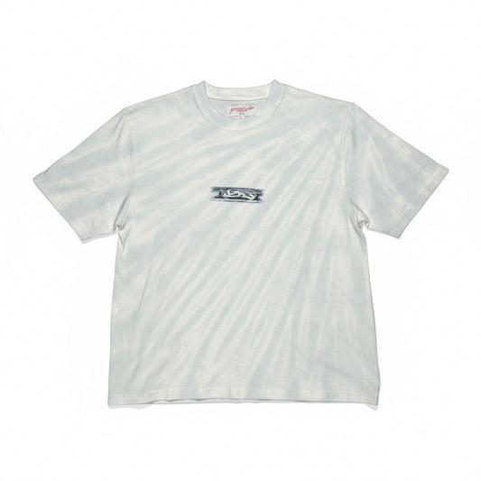White t-shirt with light tie dye pattern and  a center chest logo on a white surface