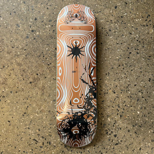 black and white abstract design on metallic copper skateboard deck