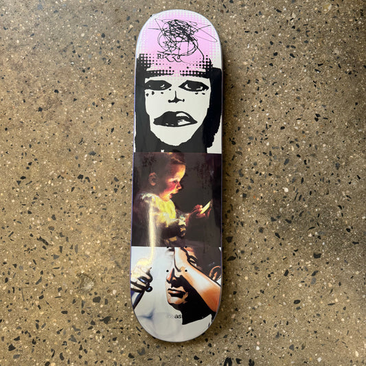 skateboard deck featuring a collage of various images 