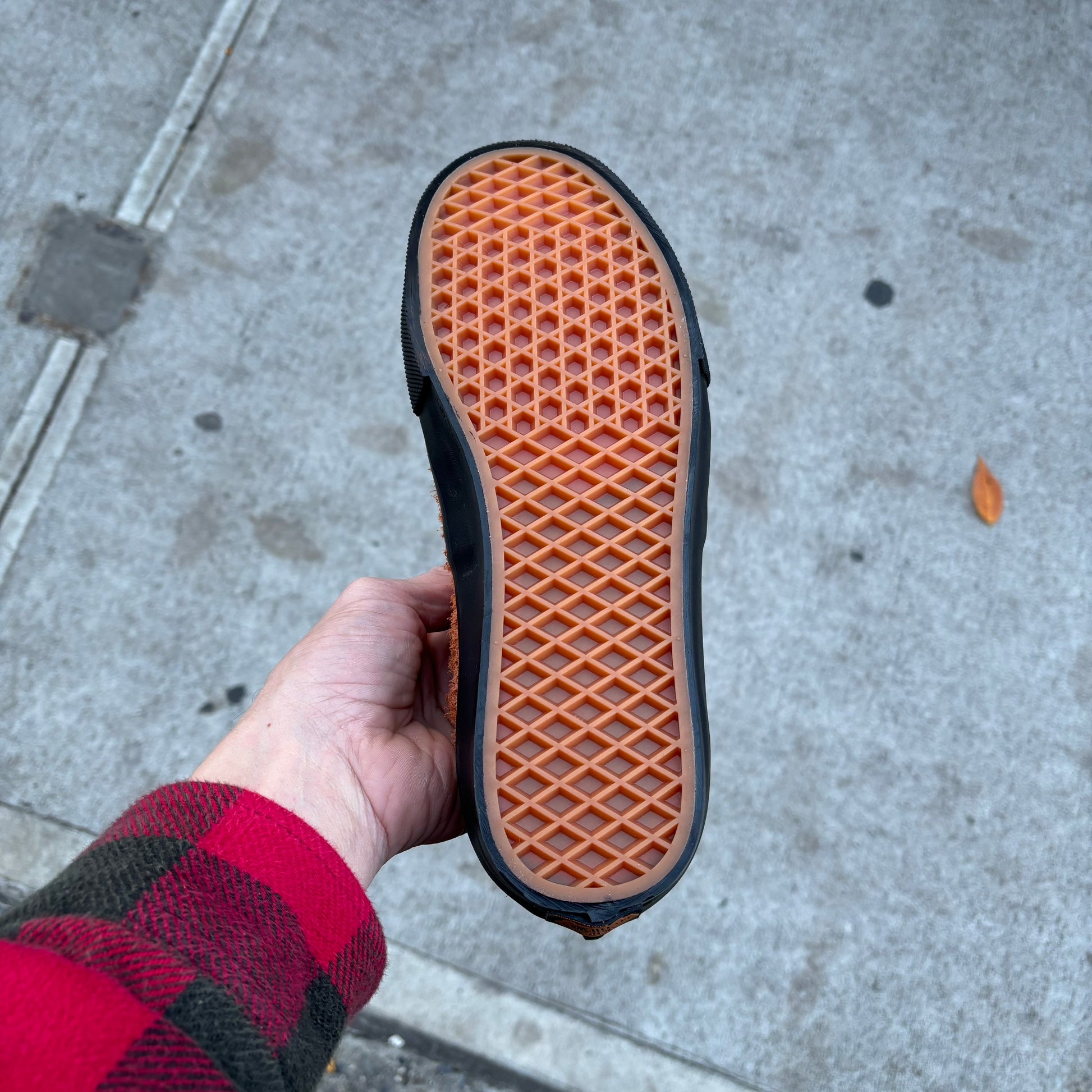 view of gum bottom on suede skate sneaker