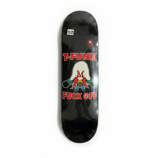 Black skateboard deck with graphic design and text on a white surface
