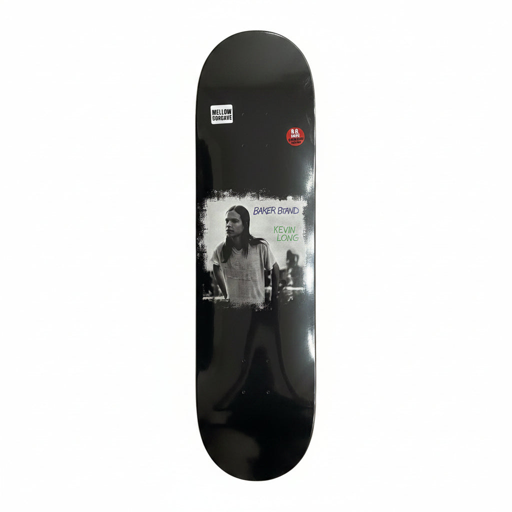 black skateboard deck with photo on middle of deck