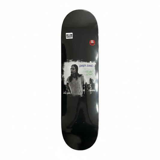 black skateboard deck with photo on middle of deck