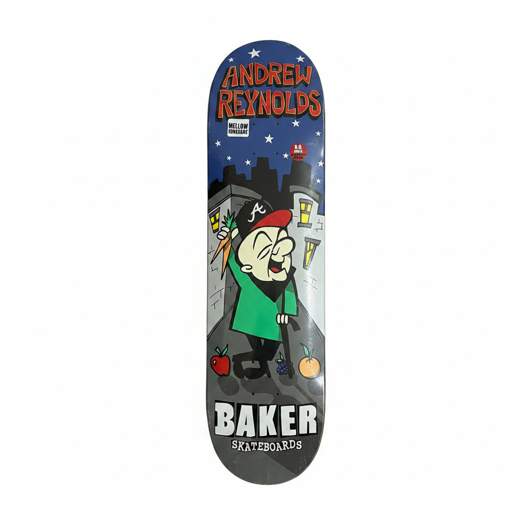 Skateboard deck with cartoon character design on a white surface