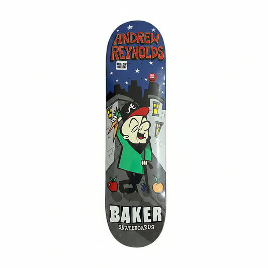 Skateboard deck with cartoon character design on a white surface