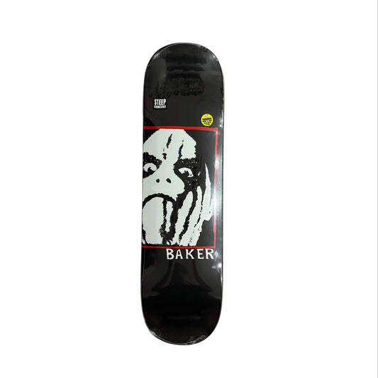 Skateboard deck with a graphic design on a white surface