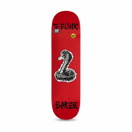 Red skateboard deck with black snake design and branding on a white surface