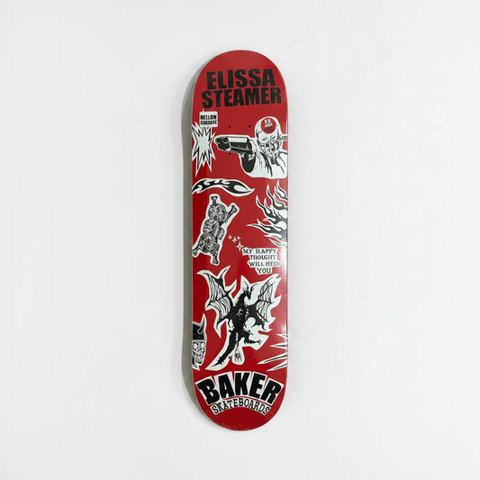 red, black and white skateboard deck with cartoon esque characters 