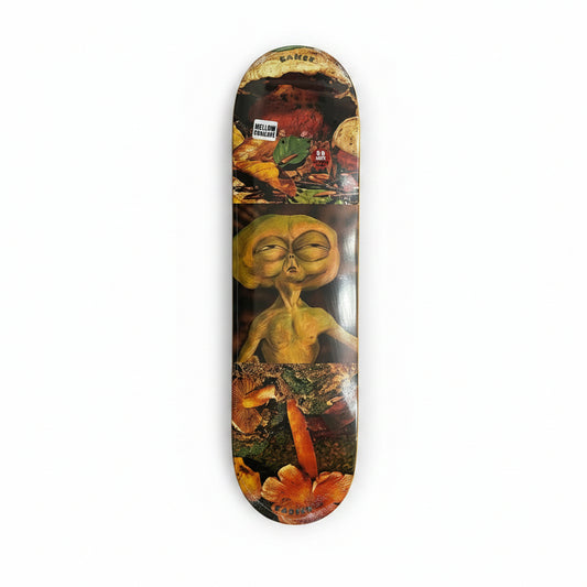 Skateboard deck with alien design on a white surface