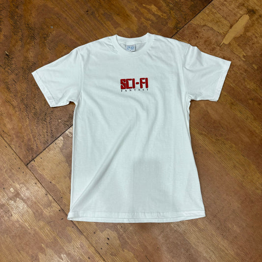 Front center chest SCI FI logo on white t-shirt