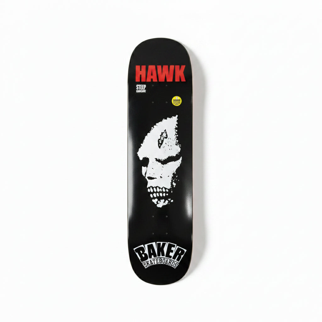 Skateboard deck with 'Hawk' and 'Baker' logos on a white surface