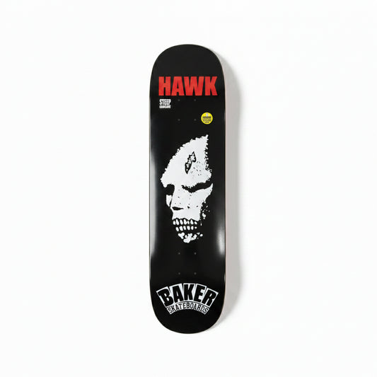Skateboard deck with 'Hawk' and 'Baker' logos on a white surface