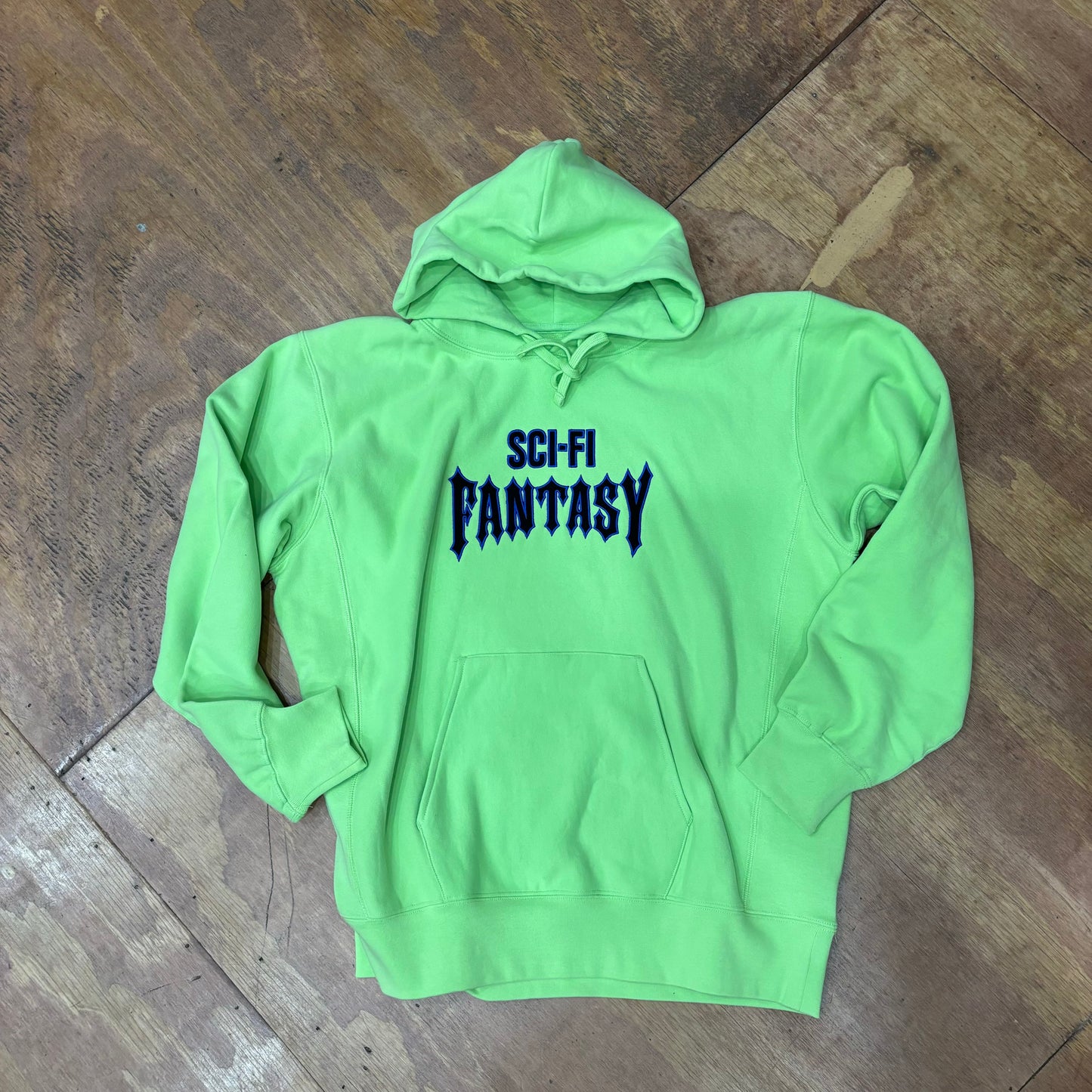 sci fi fantasy biker logo on center chest of lime green hoodie