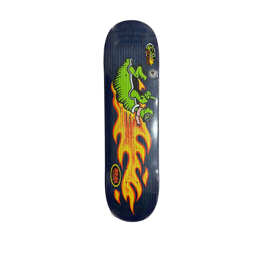 Skateboard deck with a green turtle and orange flames design on a white background