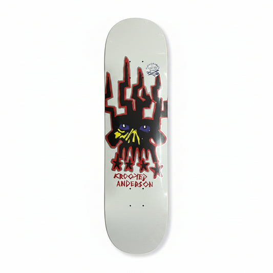 Skateboard deck with a black and red graphic design on a white surface