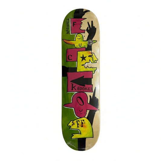 Skateboard deck with colorful graphics on a white background