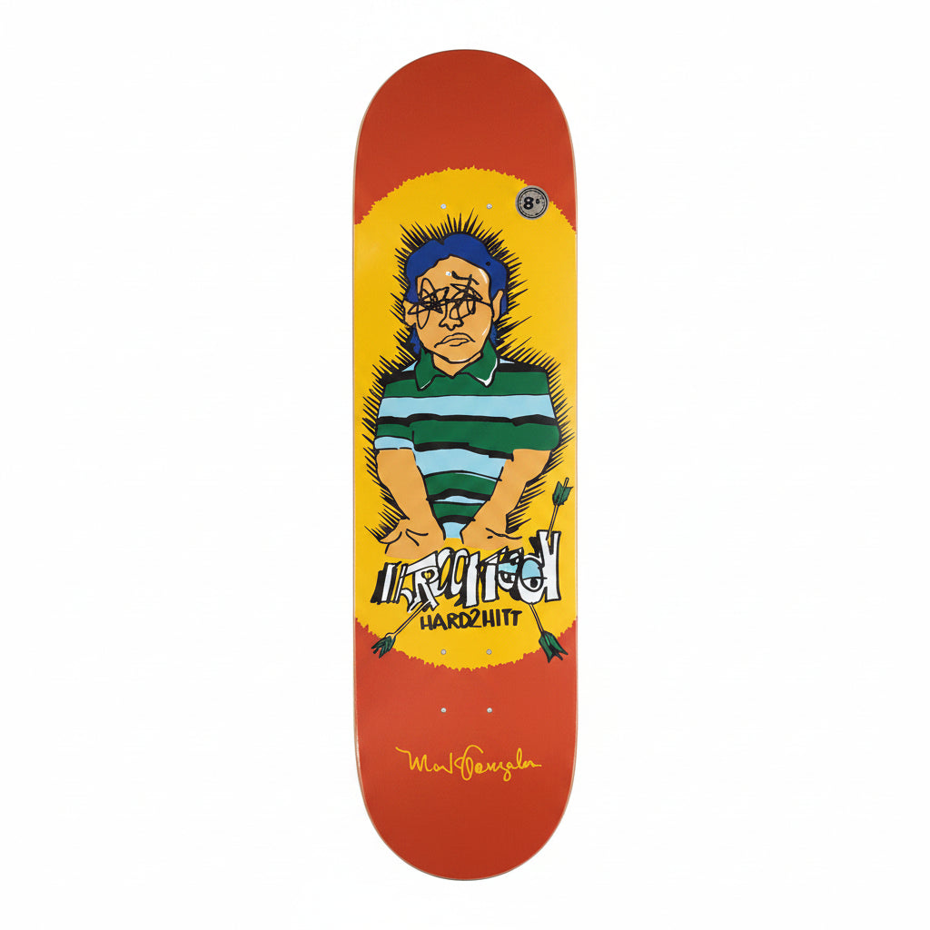 Skateboard deck with colorful graphic design on a white surface