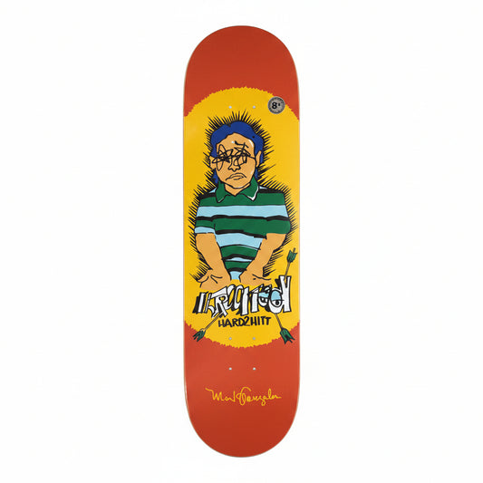 Skateboard deck with colorful graphic design on a white surface
