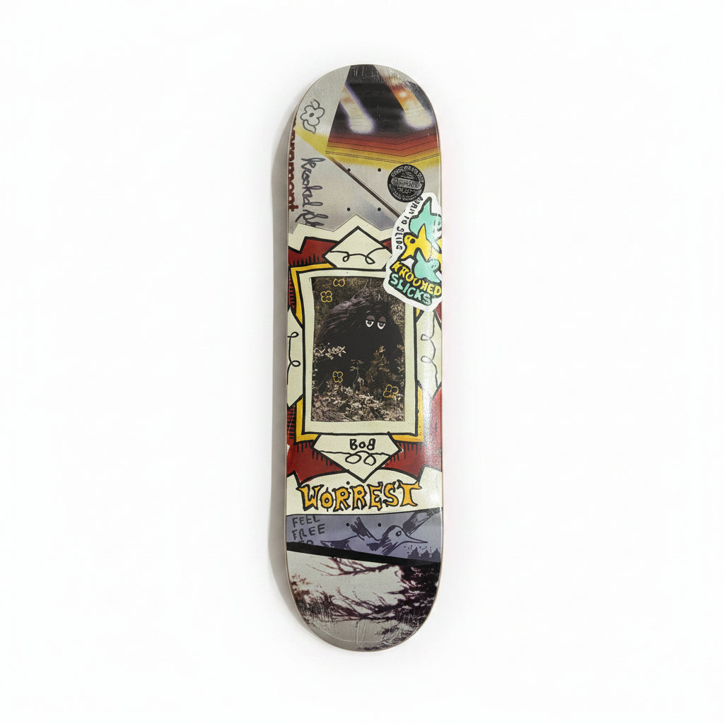 collage style skateboard deck with a photo of bigfoot in the center