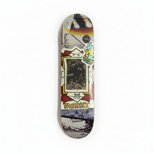 collage style skateboard deck with a photo of bigfoot in the center