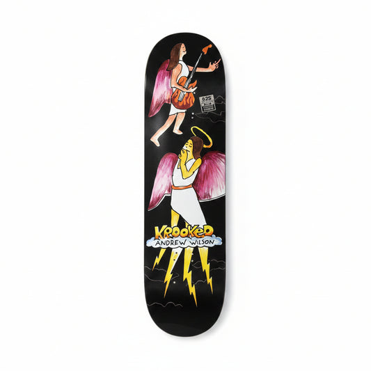 Skateboard deck with artistic design on a white surface