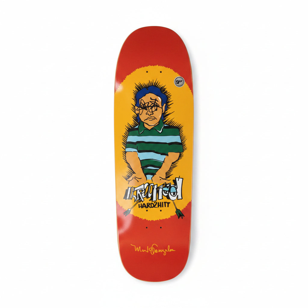 Skateboard deck with a graphic design of a person with spiky hair on a white background.