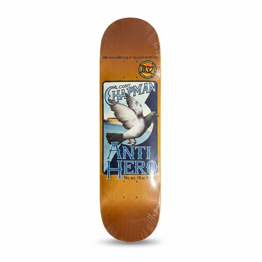 Skateboard deck with 'Anti Hero' and 'Cody Chapman' branding on a white surface.
