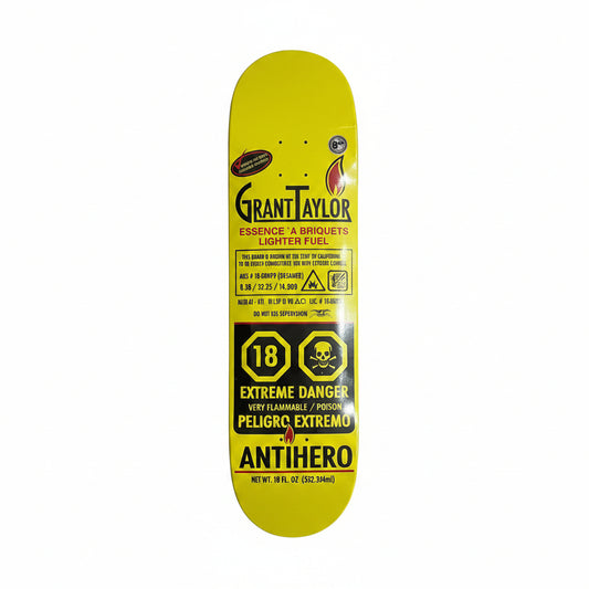Skateboard deck with Grant Taylor and Antihero branding on a white surface