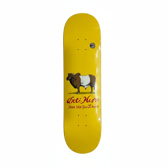 Yellow skateboard deck with a steer graphic and text on a white background